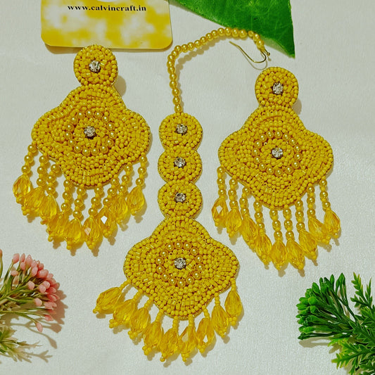 Handmade Embroidery Design, Pearl Beaded Crystal Earring Tikka Set for Weddings & Haldi Ceremony