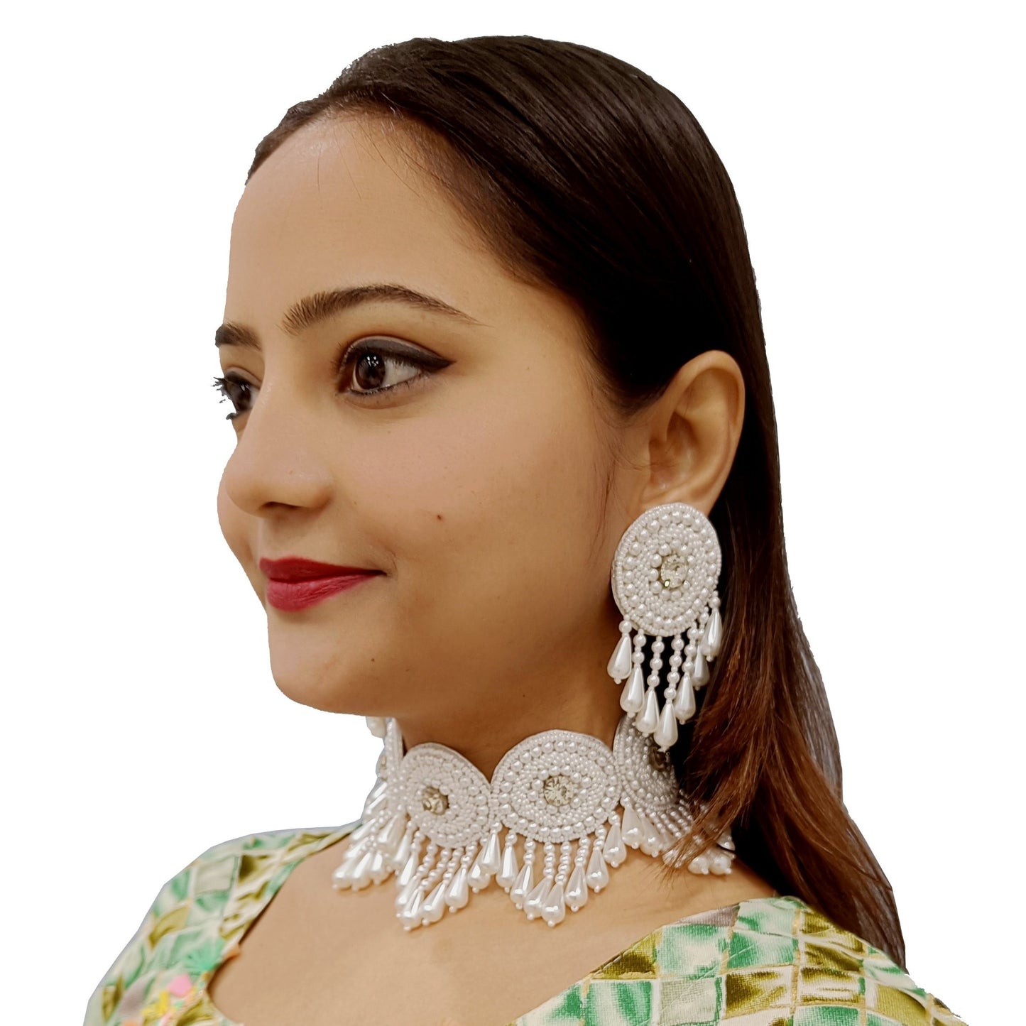 Handmade Embroidery Design White Pearl Beaded Crystal Choker Necklace Set for Women