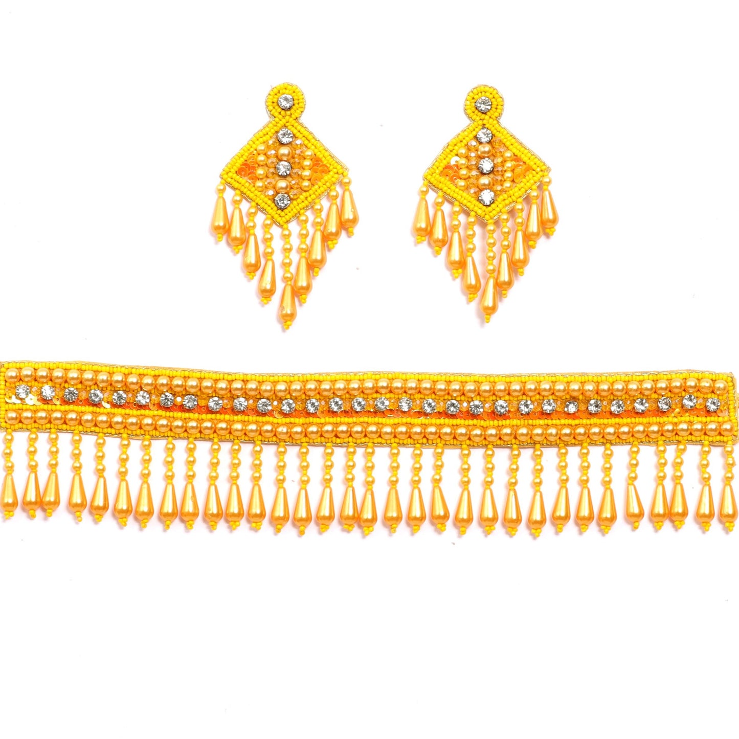 Handmade Embroidery Design Yellow Pearl Beaded Crystal Choker Necklace Set for Women