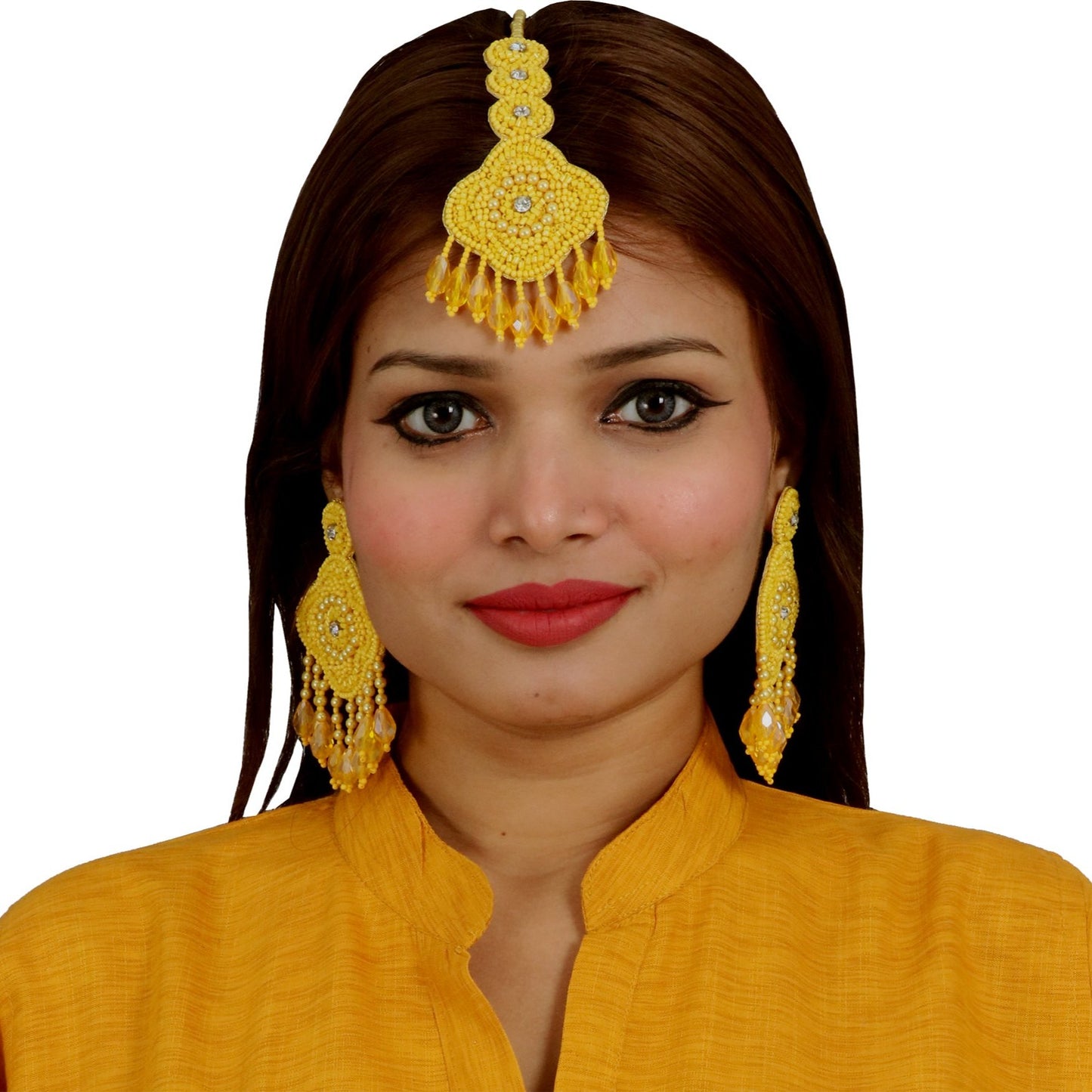 Handmade Embroidery Design, Pearl Beaded Crystal Earring Tikka Set for Weddings & Haldi Ceremony