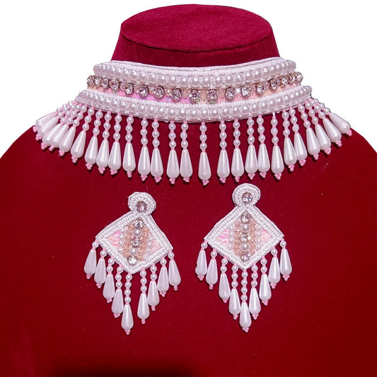 Handmade Embroidery Design Pearl Beaded Pink Crystal Choker Necklace Set for Women