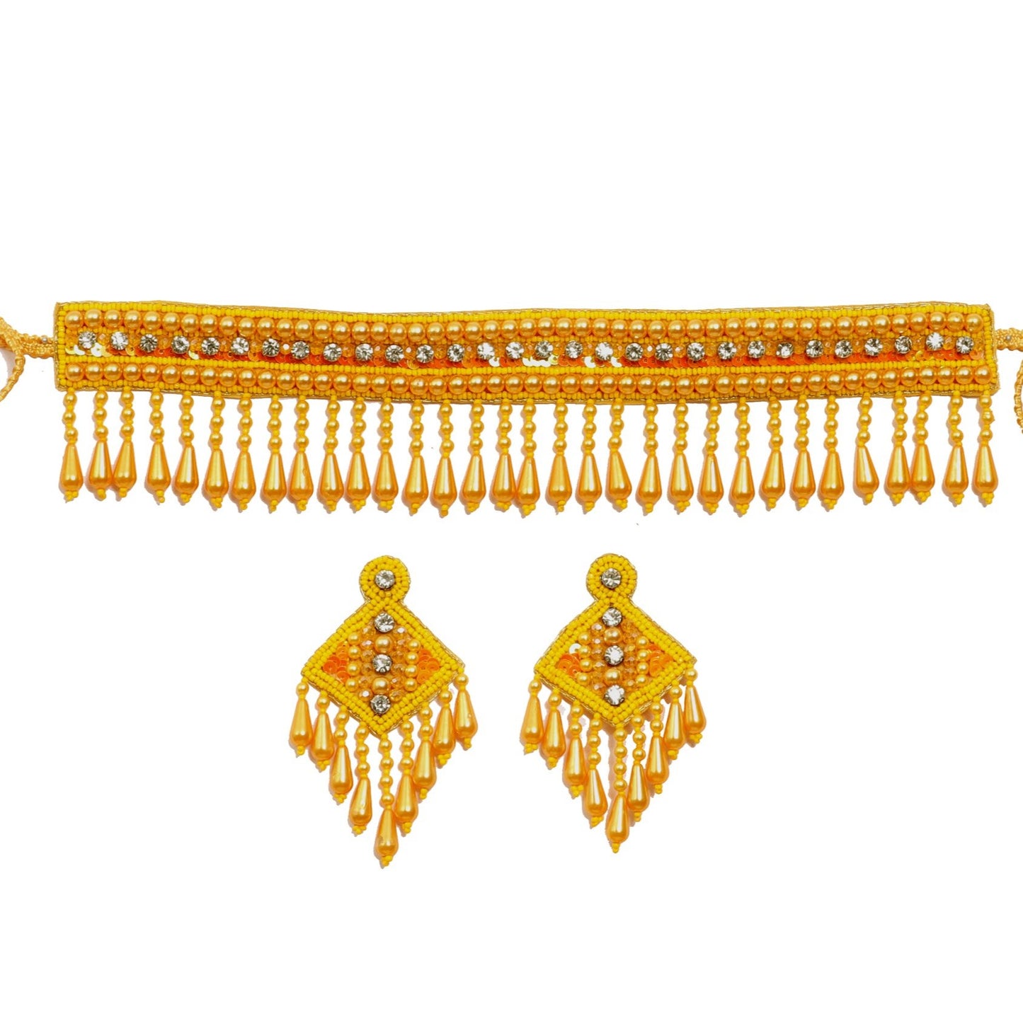 Handmade Embroidery Design Yellow Pearl Beaded Crystal Choker Necklace Set for Women