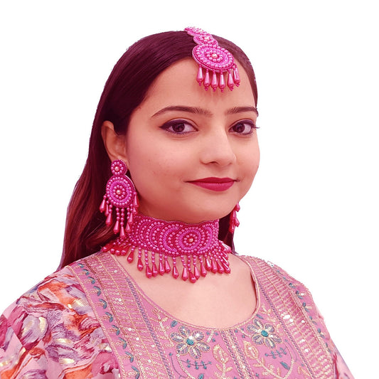 Handmade Embroidery Design Pearl Beaded Wedding Wear Set, Choker Earring Maangtika for women