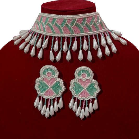 Handmade Beautiful Design, Glass Beaded Traditional Embroidery Choker Necklace Set for Women