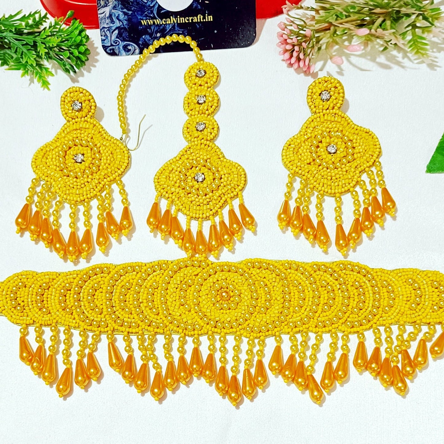 Handmade Embroidery Design Pearl Beaded Haldi Jewellery Set, Choker Earring Maangtika for women