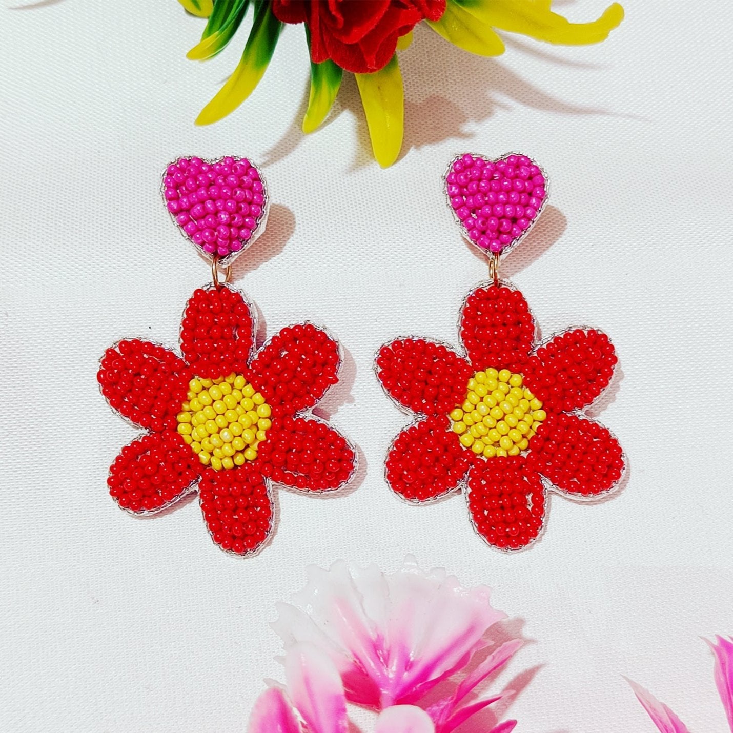 Hand Embroidered Design Glass Beaded, Handmade Floral-Shaped Drop Earrings