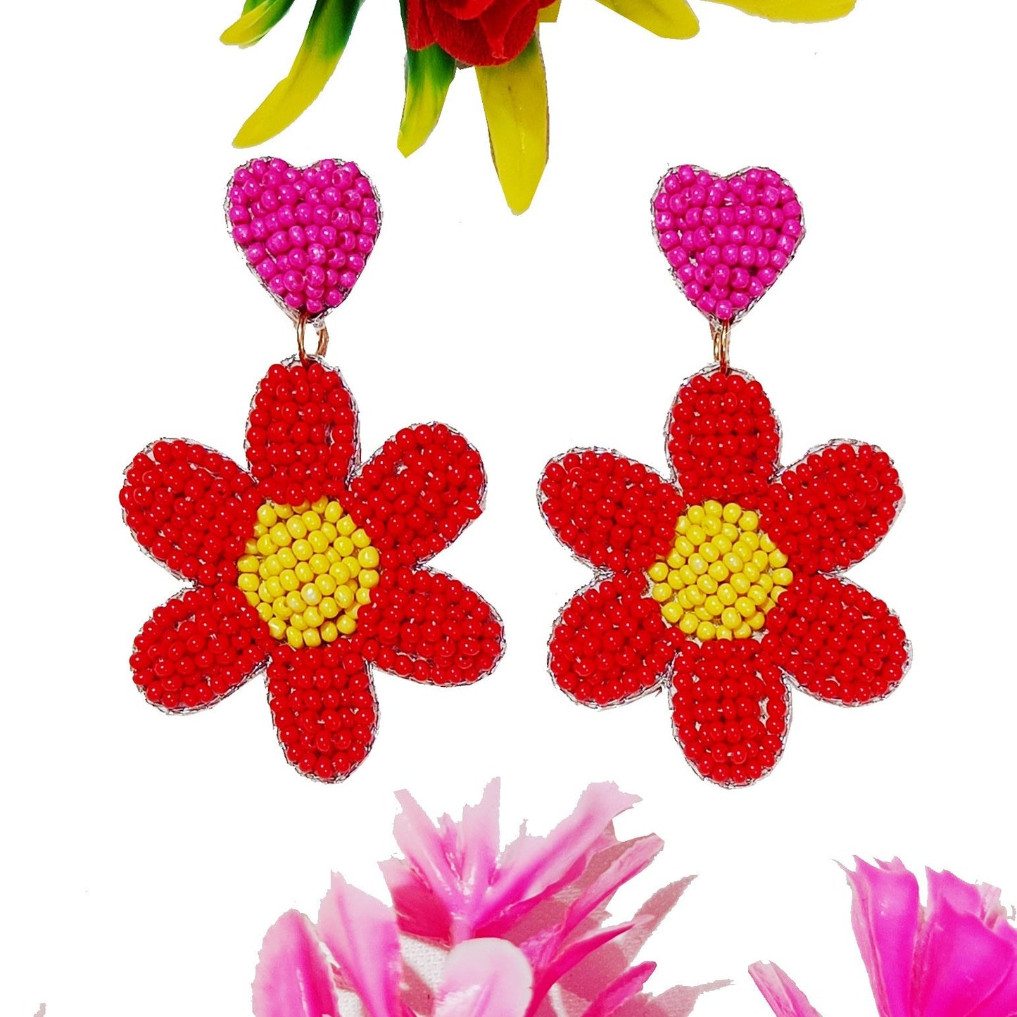 Hand Embroidered Design Glass Beaded, Handmade Floral-Shaped Drop Earrings