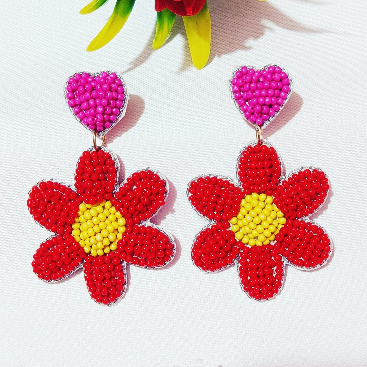 Hand Embroidered Design Glass Beaded, Handmade Floral-Shaped Drop Earrings