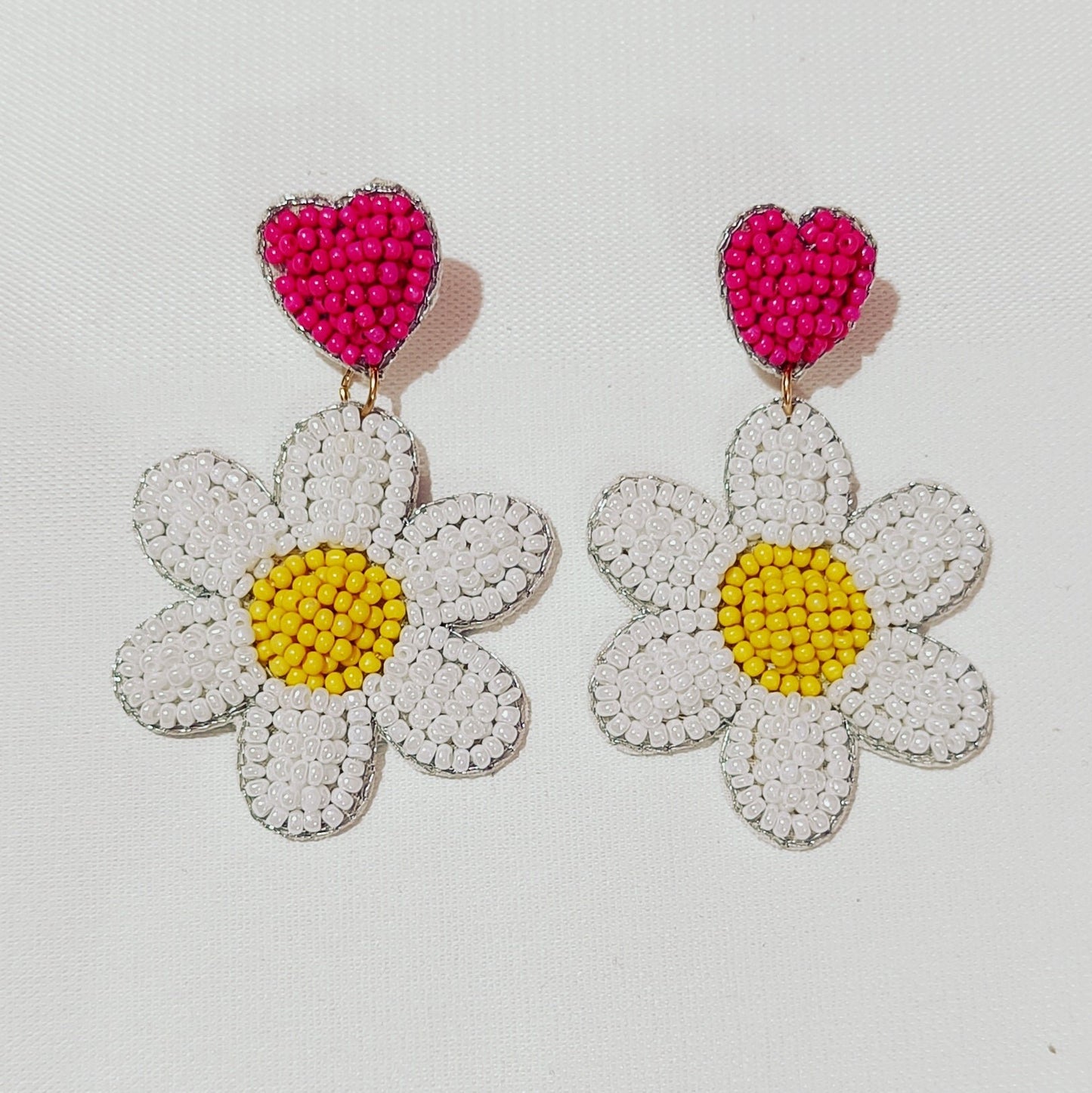 Hand Embroidered Design Glass Beaded, Handmade Floral-Shaped Drop Earrings