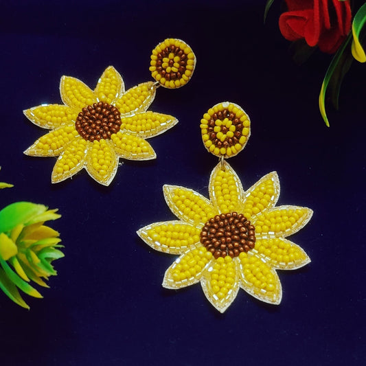 Handmade Floral Design Glass Beaded Sunflower Earrings