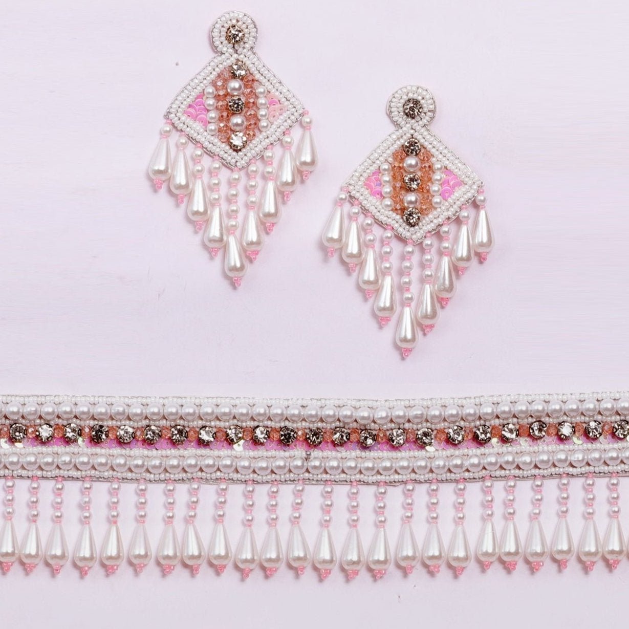 Handmade Embroidery Design Pearl Beaded Pink Crystal Choker Necklace Set for Women