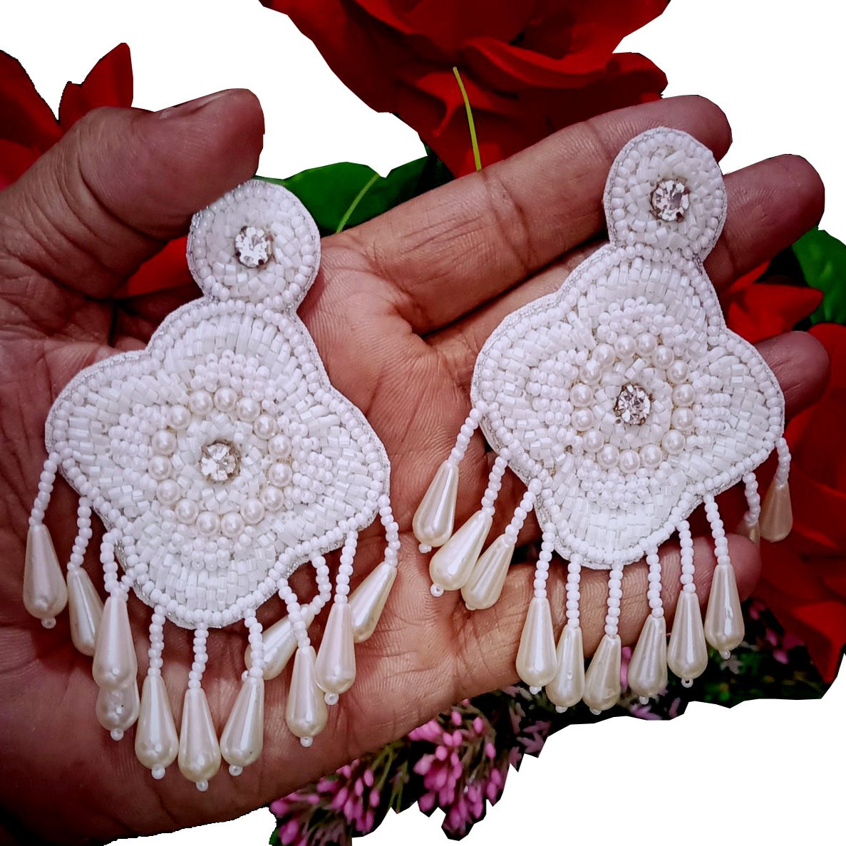 Handmade Embroidery Design, Pearl Beaded Traditional Crystal Earring Tikka Set for Weddings & Bridal Wears