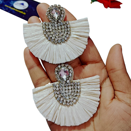 Handmade Embroidery Design Crystal Beaded Luxury Statement, Designer Rafia Tassel Earring