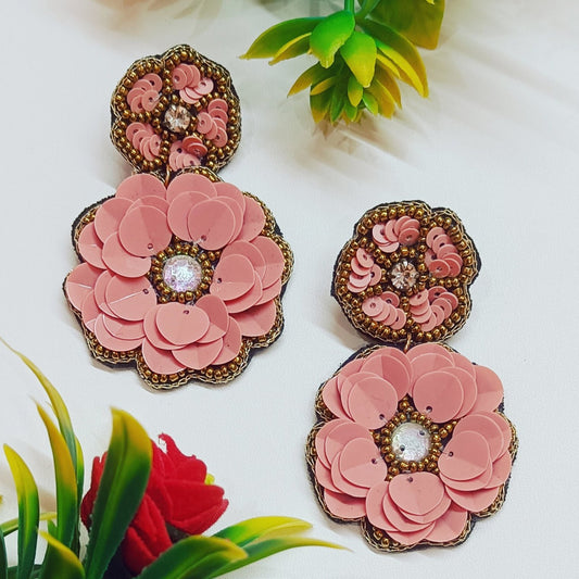 Handmade Embroidered Rose Design, Beaded Flower Stud Earring