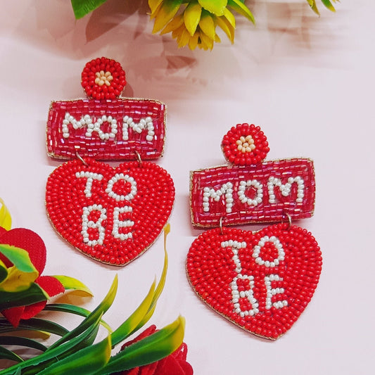 Handmade Red heart shape "MOM-TO-BE" Beaded Tending Stud Earring