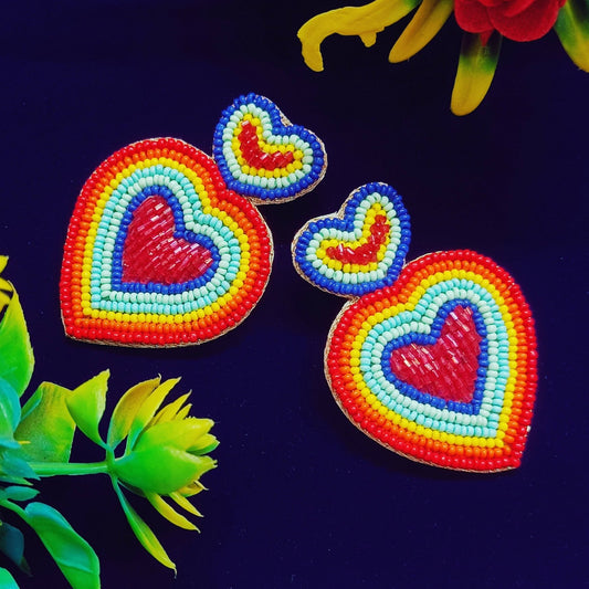 Handmade Glass Beaded Rainbow Heart Stud Earring