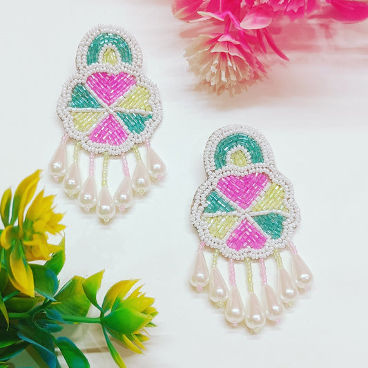 Pearl Beaded Handmade Embroidery Design Tending Statement Earring