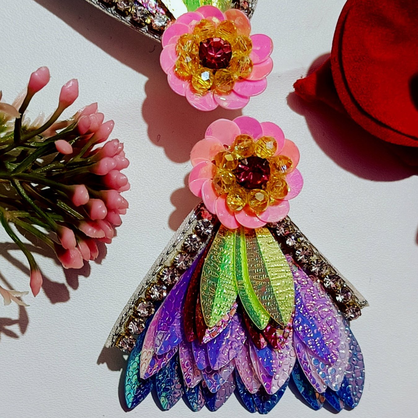 Handmade Lotus Flower Embroidery Jewellery Crystals Beaded Luxury Earring