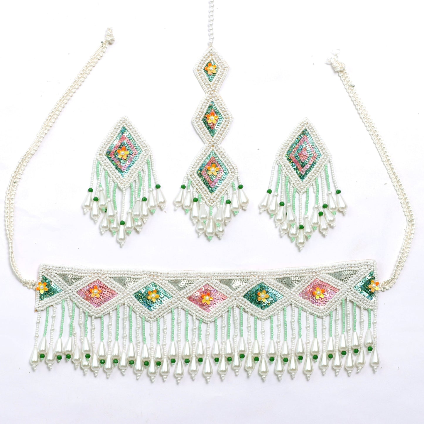 Handmade Embroidery Design Luxuries Beaded Wedding Wear Set, Choker Earring Maangtika for women