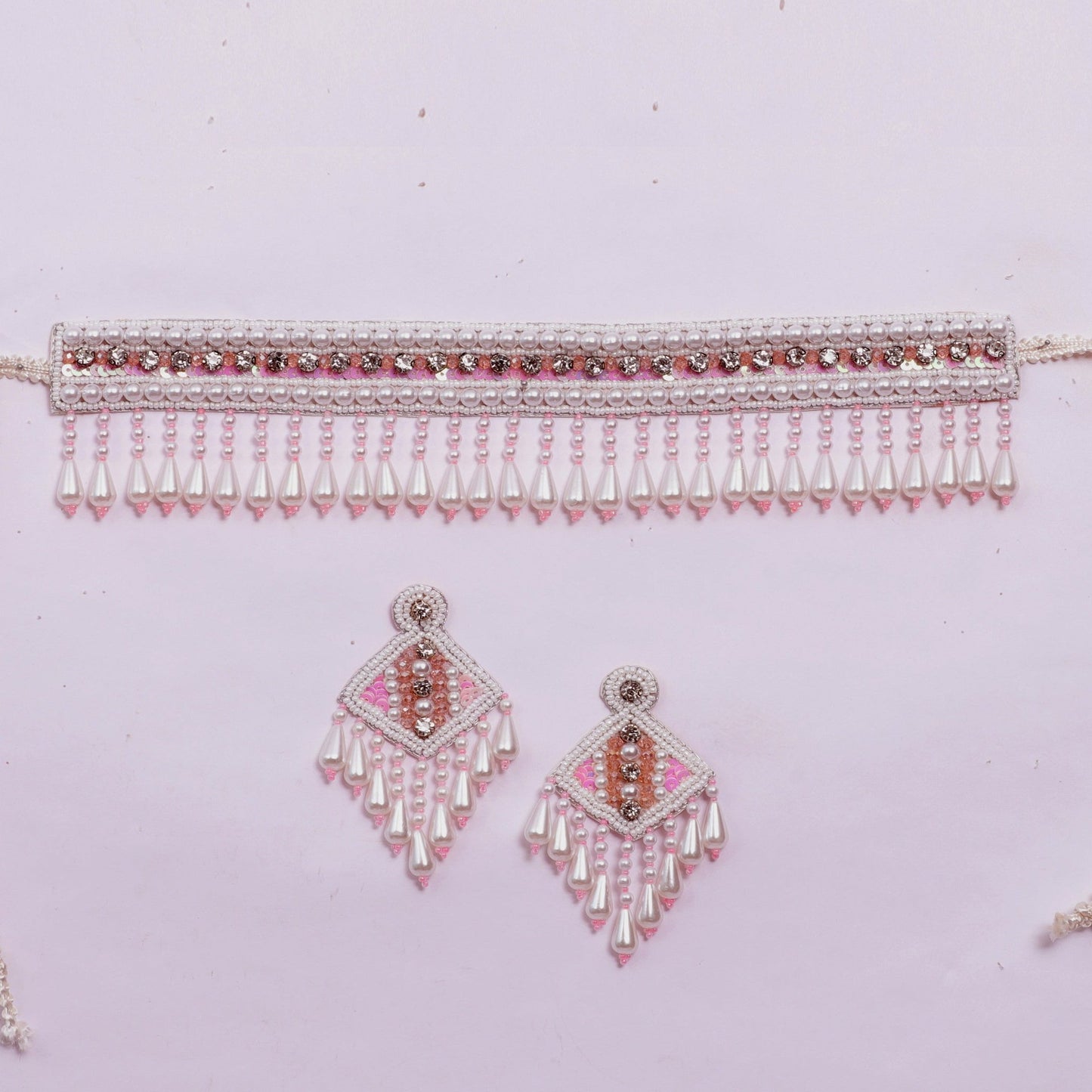 Handmade Embroidery Design Pearl Beaded Pink Crystal Choker Necklace Set for Women