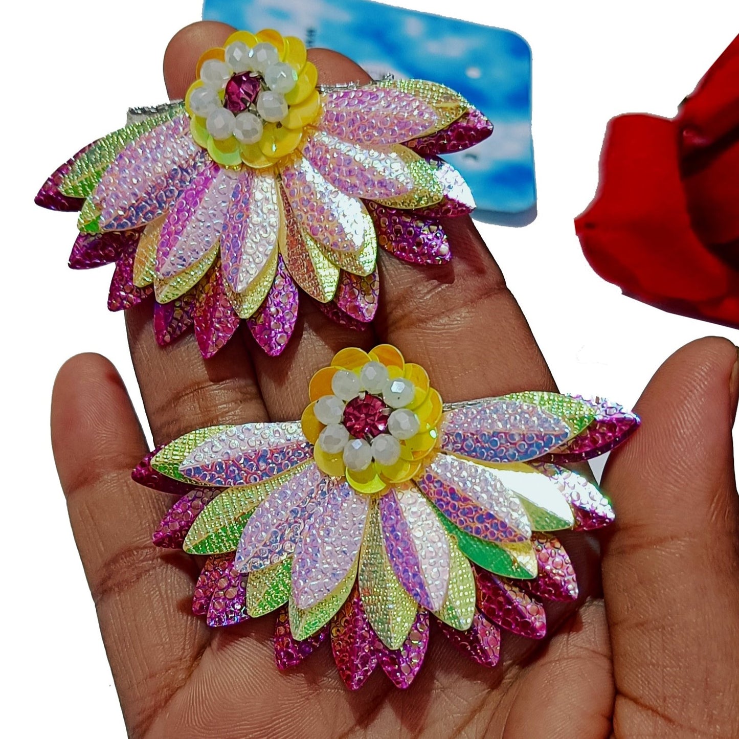 Handmade Lotus Flower Embroidery Jewellery Crystal Beaded Luxury Earring