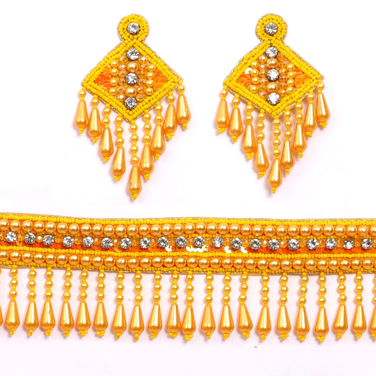 Handmade Embroidery Design Yellow Pearl Beaded Crystal Choker Necklace Set for Women