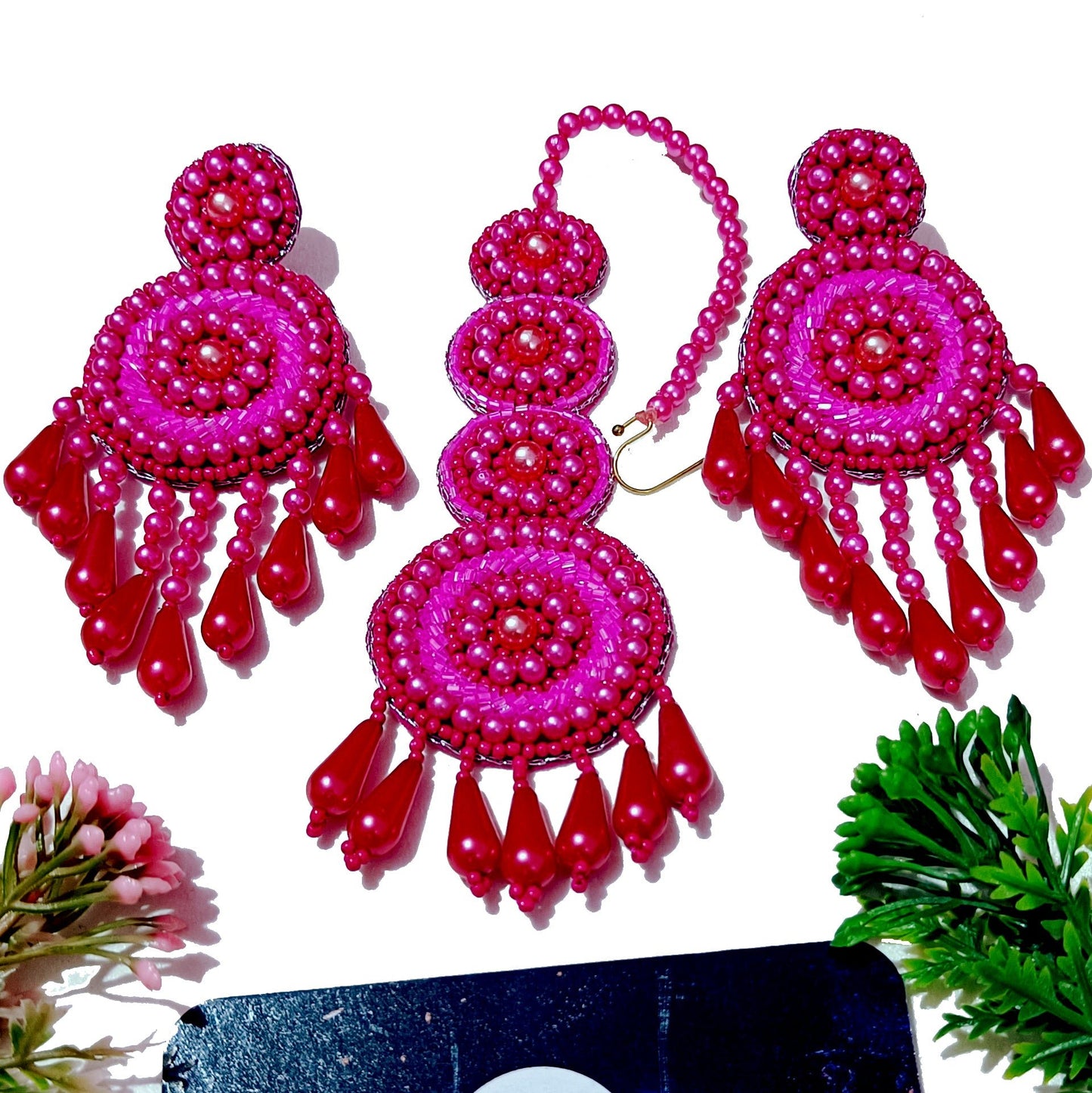 Handmade Embroidery Design Pearl Beaded Wedding Wear Set, Choker Earring Maangtika for women