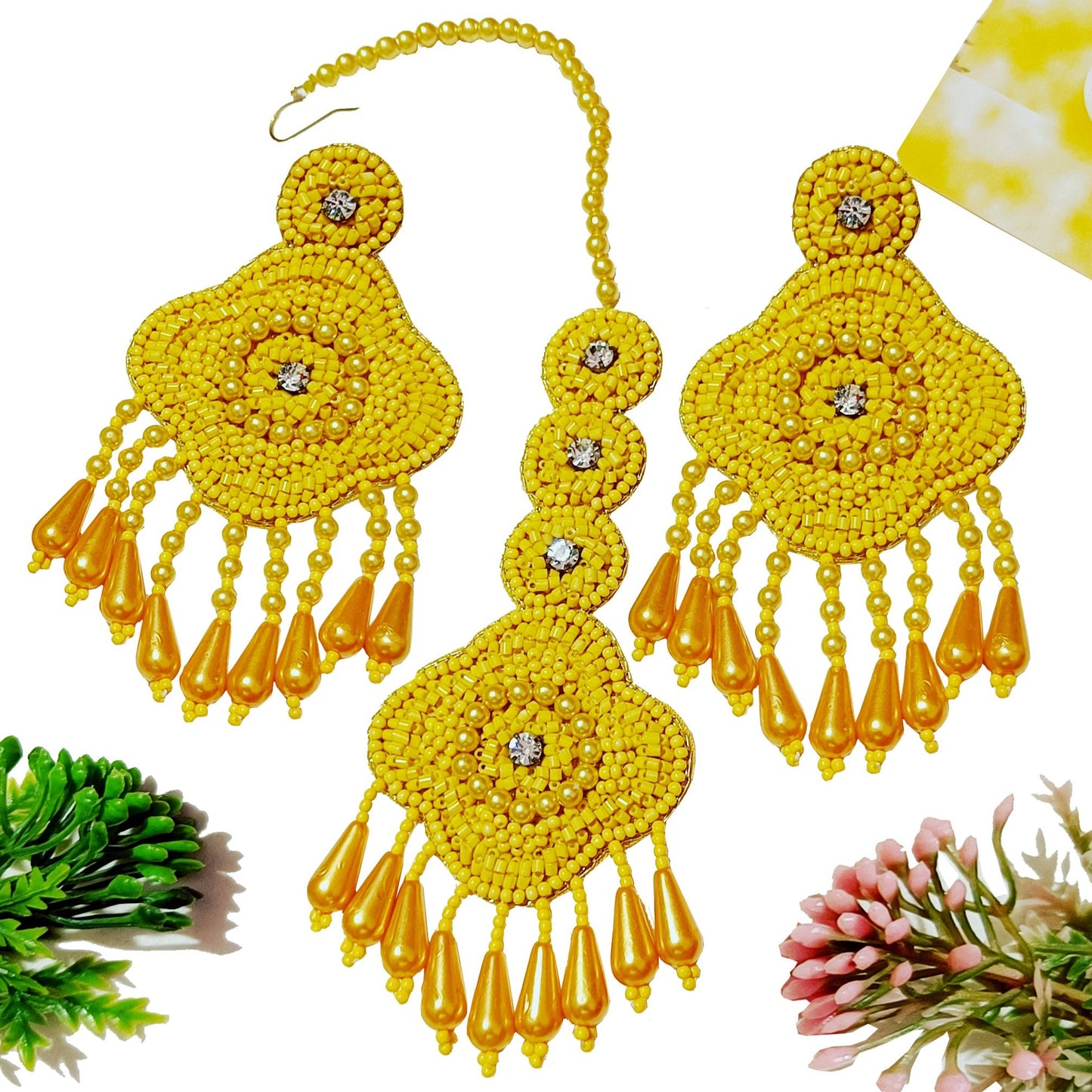 Handmade Embroidery Design Pearl Beaded Haldi Jewellery Set, Choker Earring Maangtika for women