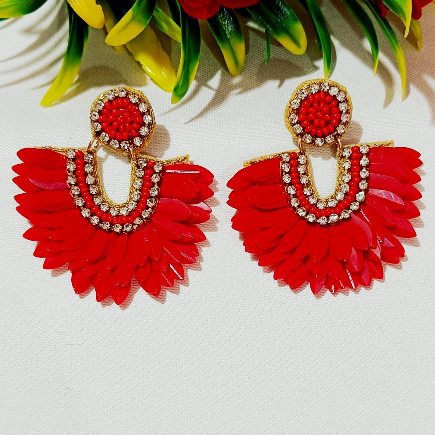 Handmade Embroidery Design Sequence Leaf Ornate Beaded Floral Earring