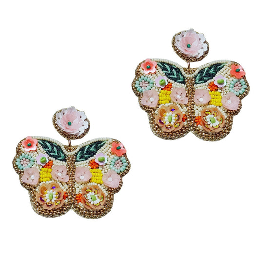 Handmade Embroidery Design Ornate Beaded Floral Butterfly Shape Drop Earring