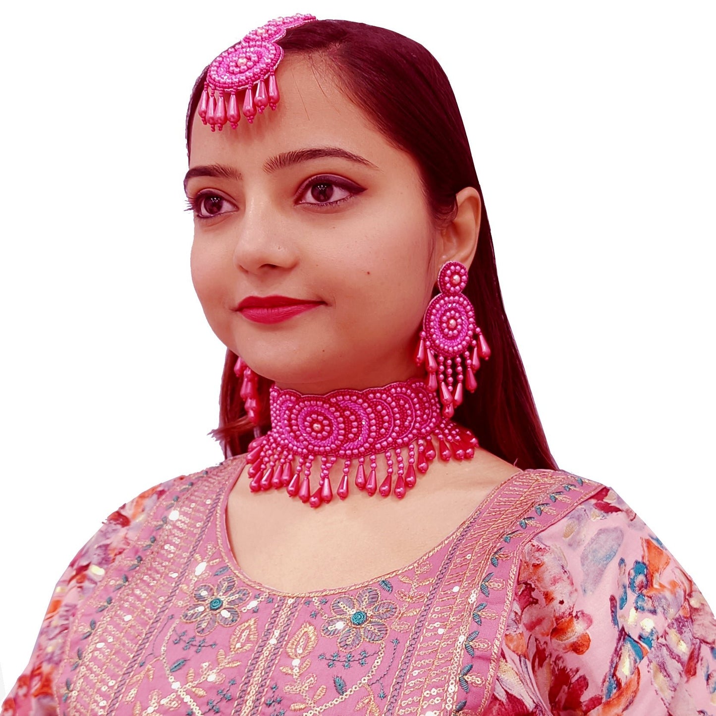 Handmade Embroidery Design Pearl Beaded Wedding Wear Set, Choker Earring Maangtika for women