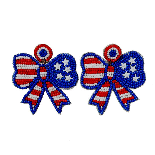 Handmade Hand Embroidery Glass Beaded American Flag Design, Butterfly Stud Earring