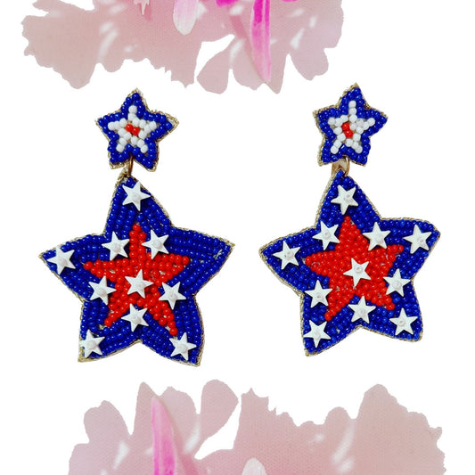 Handmade Hand Embroidery Glass Beaded American Flag Design, Star Stud Earring