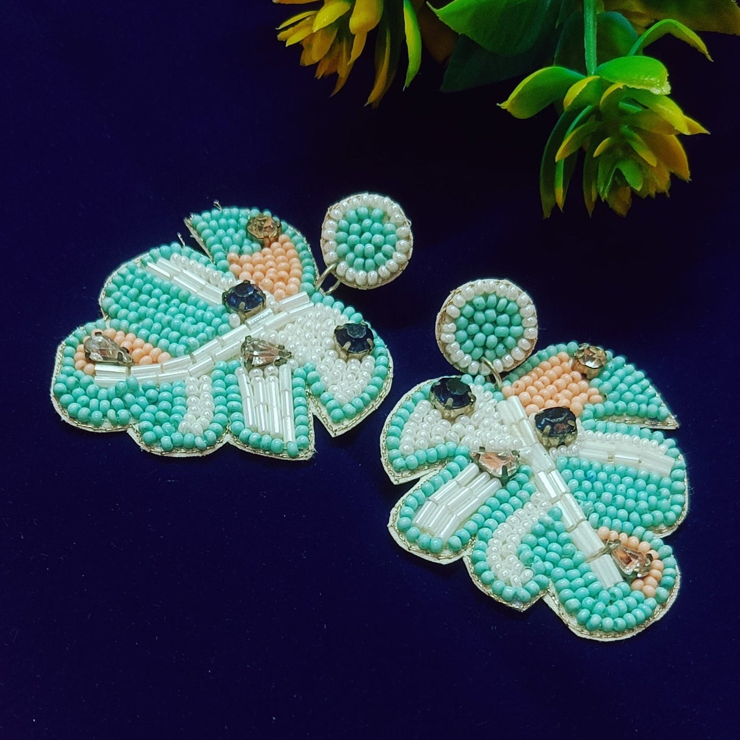 Handcrafted Embroidery Design, Beaded Palm Leaf Crystal Stud Earring