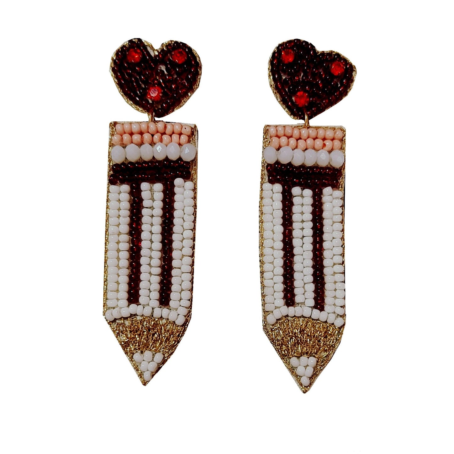 Handmade Embroidered Design "Teacher Love Pencil"  Beaded Stud Earring