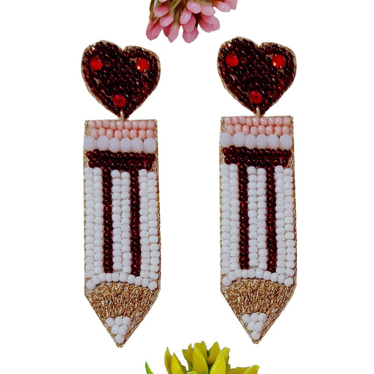 Handmade Embroidered Design "Teacher Love Pencil"  Beaded Stud Earring