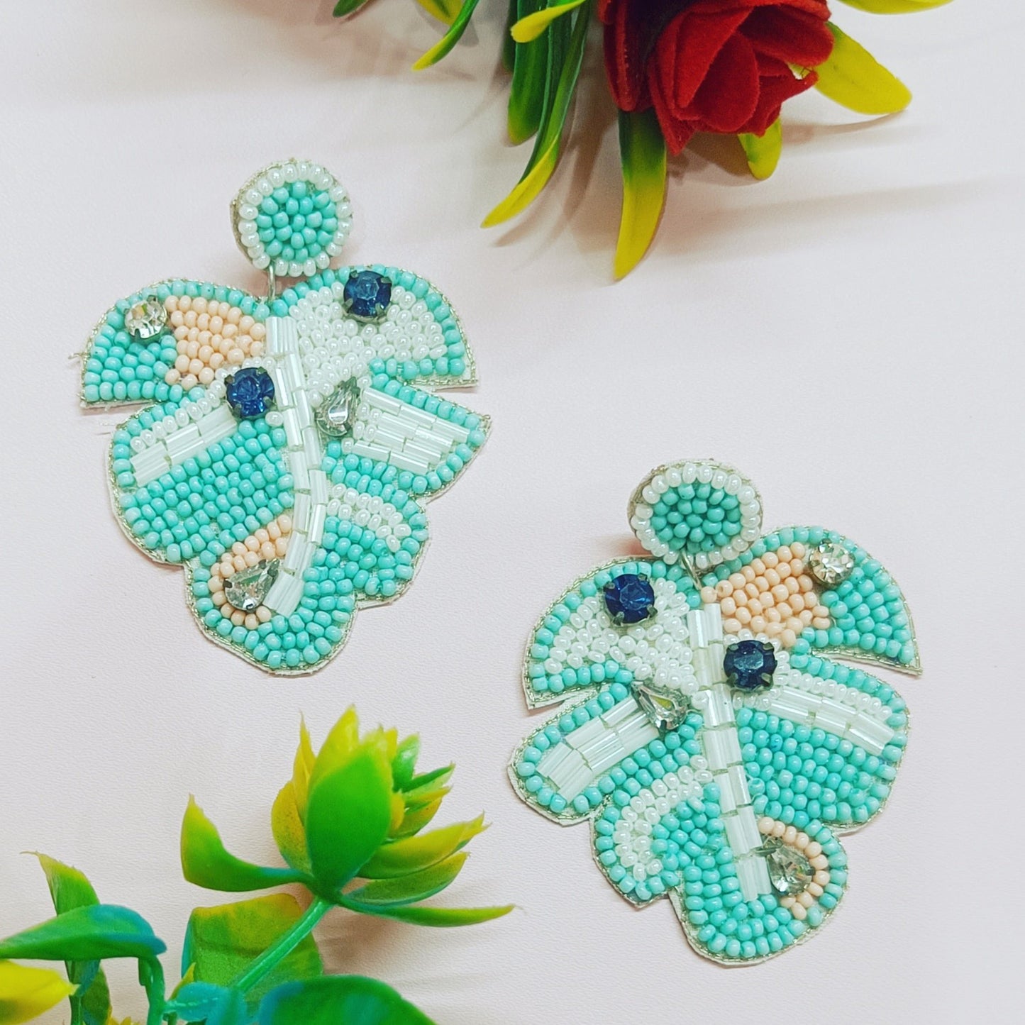 Handcrafted Embroidery Design, Beaded Palm Leaf Crystal Stud Earring