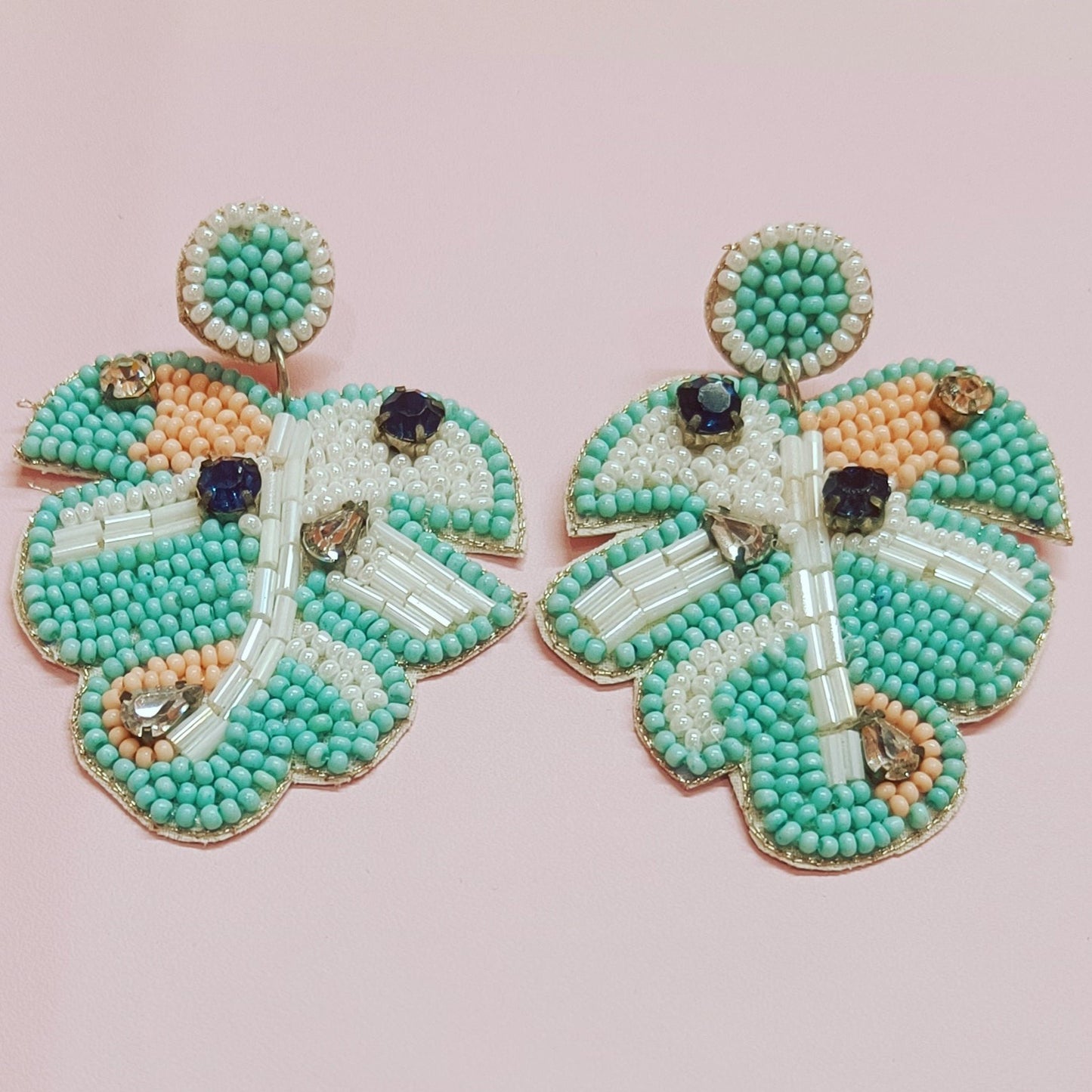 Handcrafted Embroidery Design, Beaded Palm Leaf Crystal Stud Earring