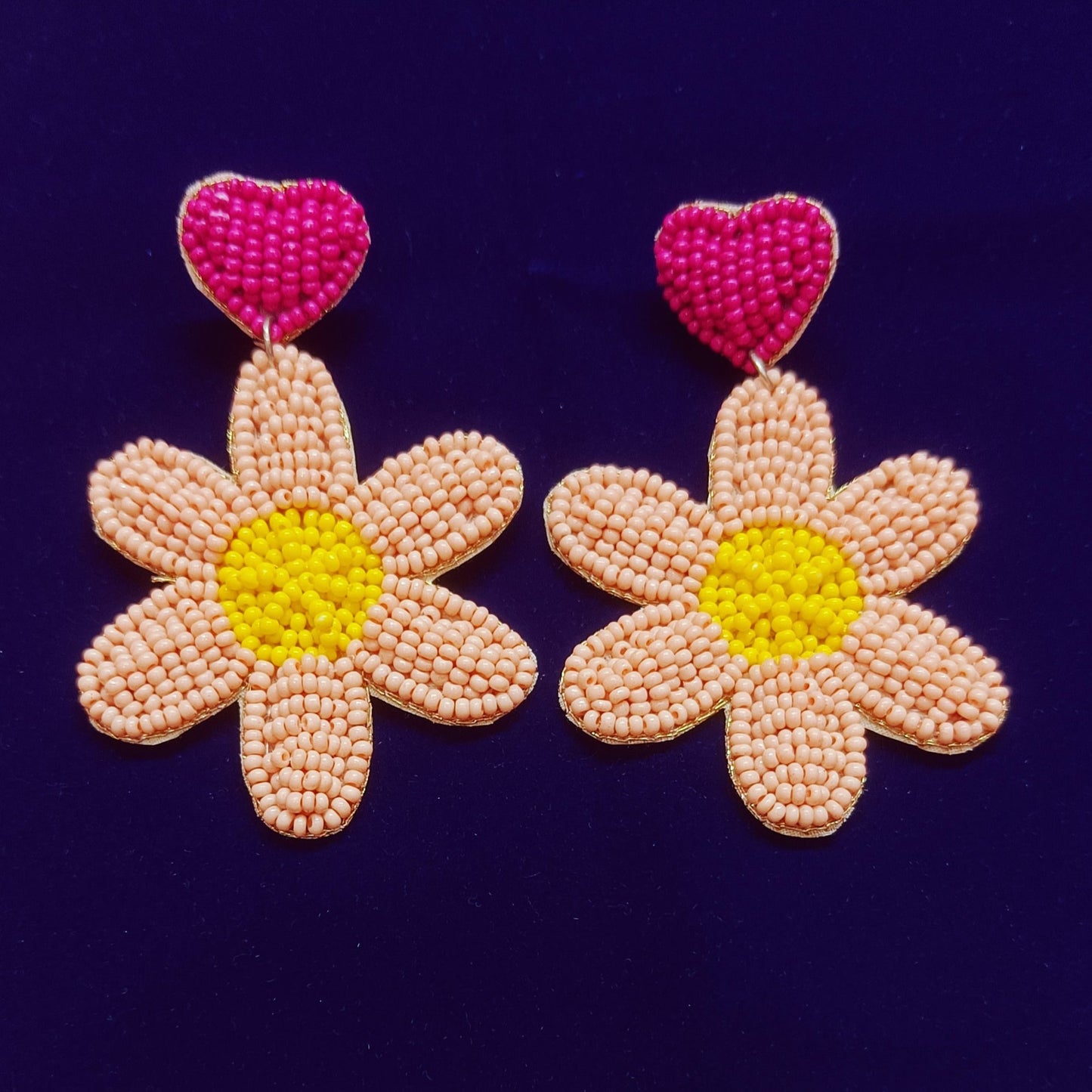 Hand Embroidered Design Glass Beaded, Handmade Floral-Shaped Drop Earrings