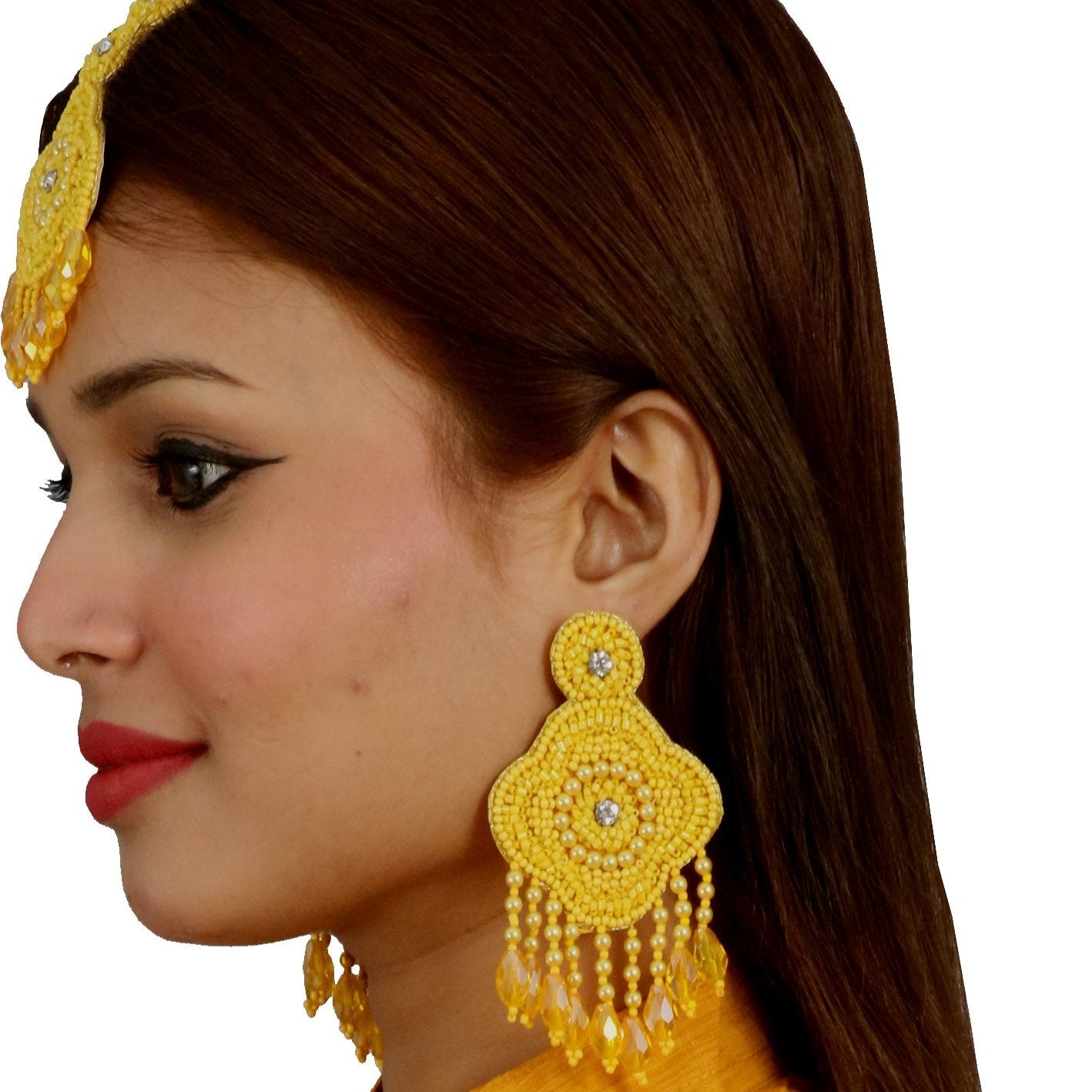 Handmade Embroidery Design, Pearl Beaded Crystal Earring Tikka Set for Weddings & Haldi Ceremony