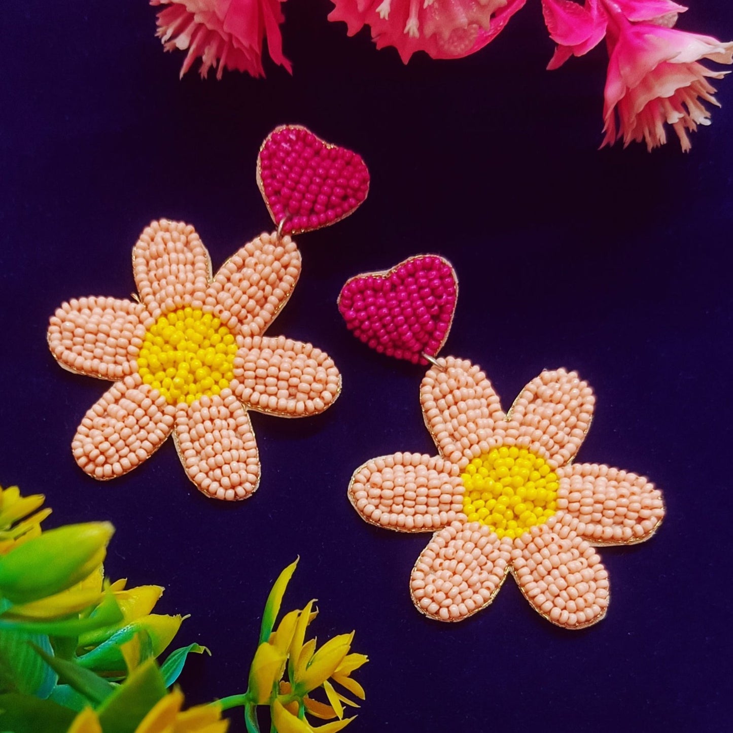 Hand Embroidered Design Glass Beaded, Handmade Floral-Shaped Drop Earrings