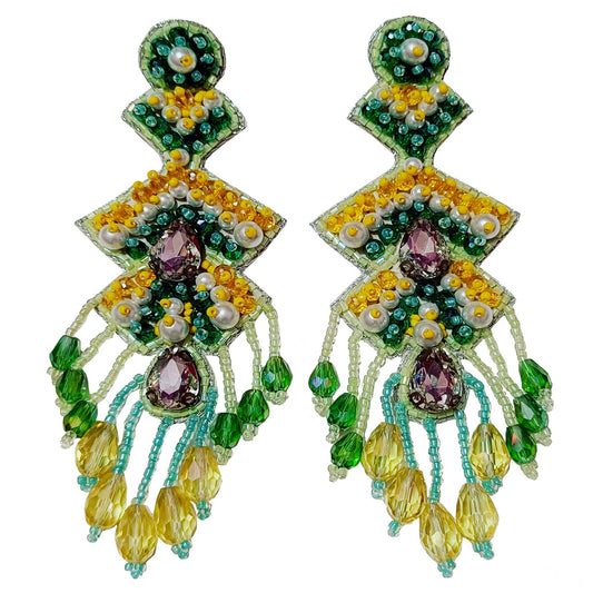 Handmade Embroidery Design Crystal Beaded Luxury Statement, Large Stud Earring