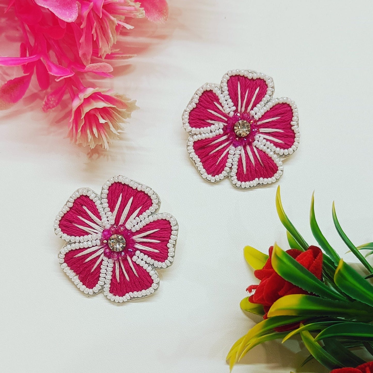 Handmade Embroidered Flower Design, Beaded Cherry Blossom Earring