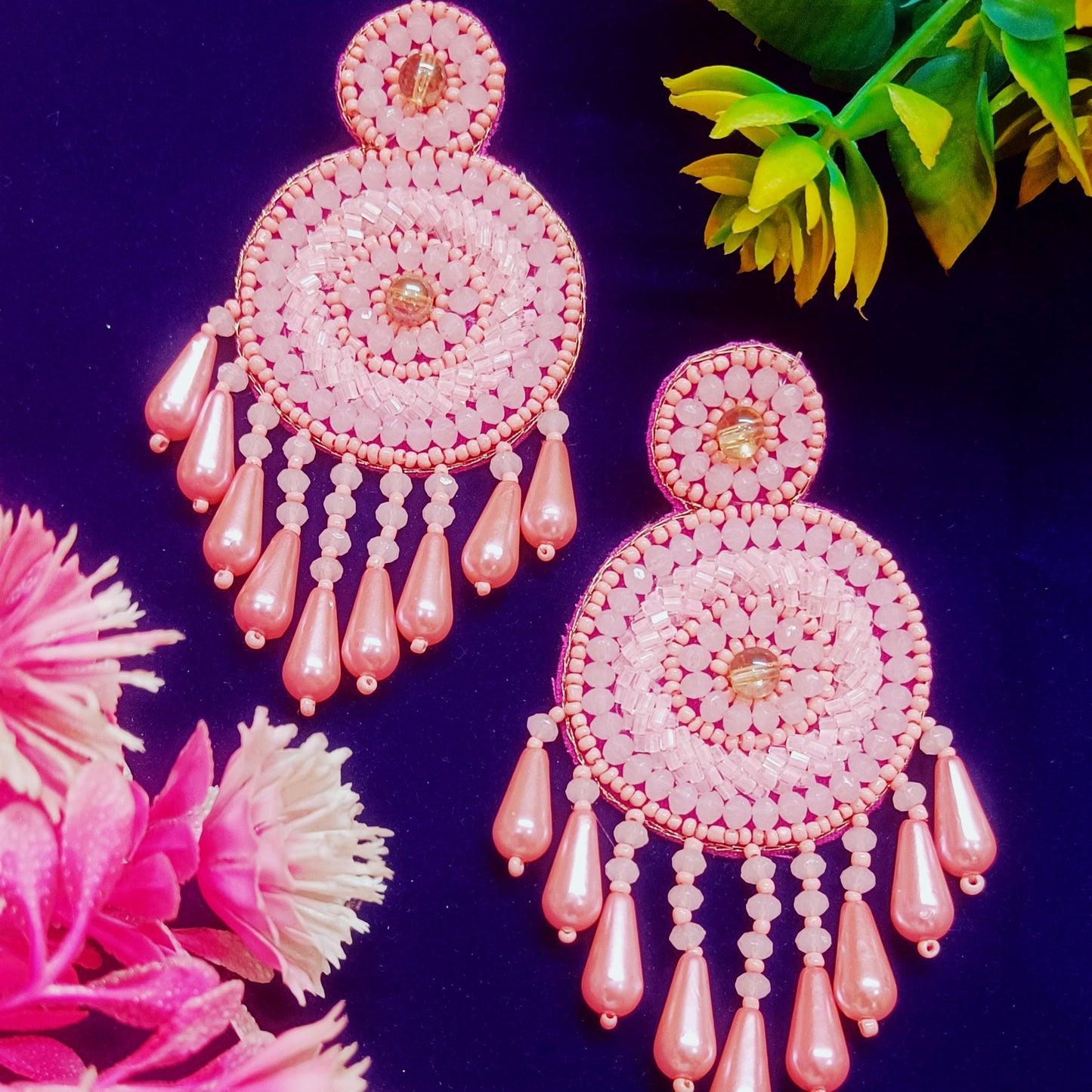 Hand Embroidered Design Beaded Tending Statement Earring