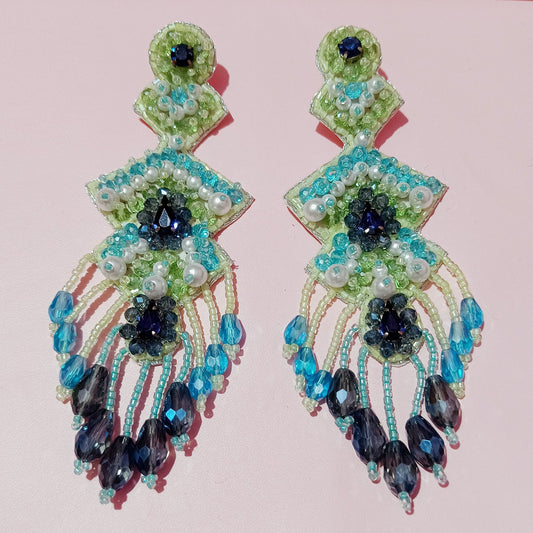 Handmade Embroidery Design Crystal Beaded Luxury Statement, Large Stud Earring