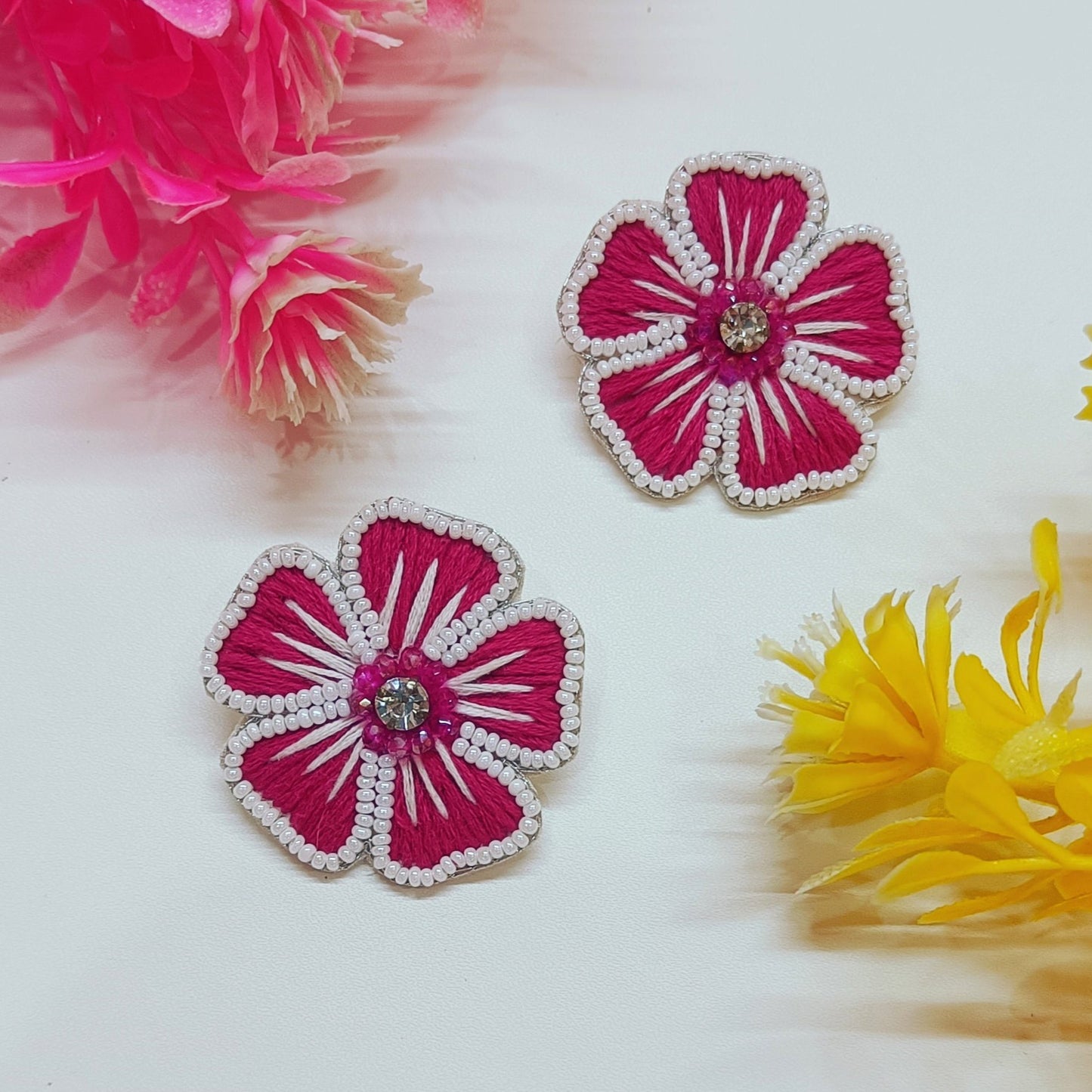 Handmade Embroidered Flower Design, Beaded Cherry Blossom Earring