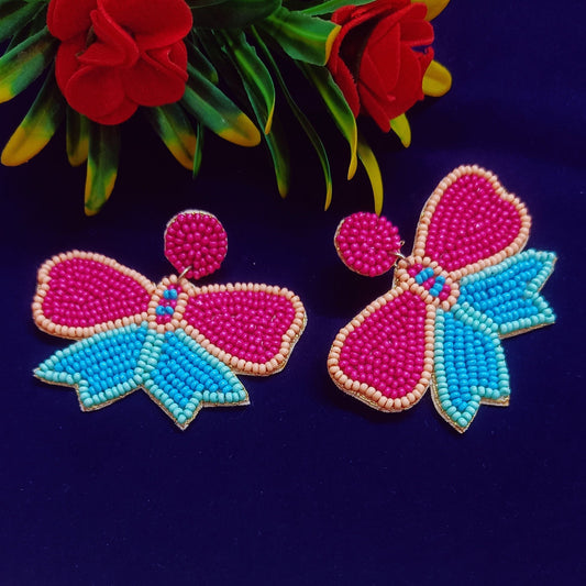 Handmade Embroidery Design Glass Beaded Tending Butterfly Stud Earring