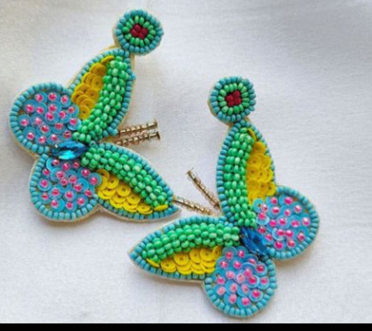 Handmade Embroidery Design Glass Beaded Tending Butterfly Stud Earring