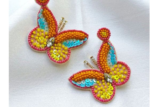 Handmade Embroidery Design Glass Beaded Tending Butterfly Stud Earring