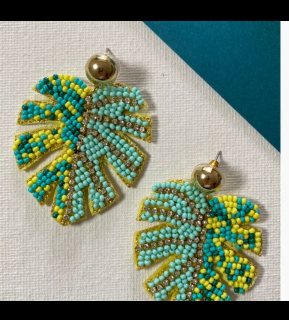 Handcrafted Embroidery Design, Beaded Palm Leaf Crystal Stud Earring